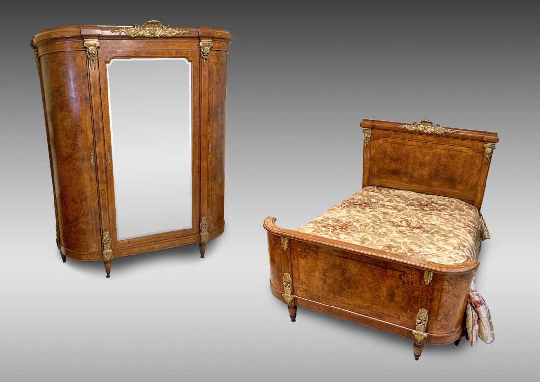 2 PIECE FRENCH METAL MOUNTED BED AND ARMOIRE: 2 PIECE FRENCH METAL MOUNTED BED AND ARMOIRE: The Fischinger's pride and joy! Extraordinary detail to all metal mounts depicting draping & scrolling foliate. Inlaid banding with burlwood veneer. Armoi