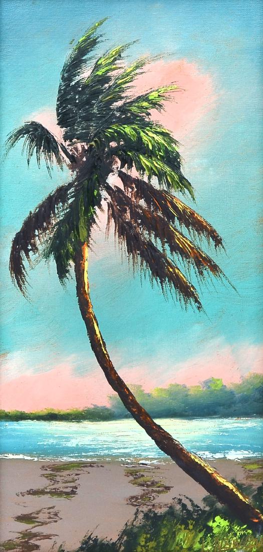 LEMUEL NEWTON FLORIDA HIGHWAYMEN PAINTING: NEWTON, Lemuel, (American, 1950): Florida Highwaymen River Landscape with Lone Palm, Oil/Upson Board, 24' x 12", signed lower right, original frame 26.75" x 14.75".