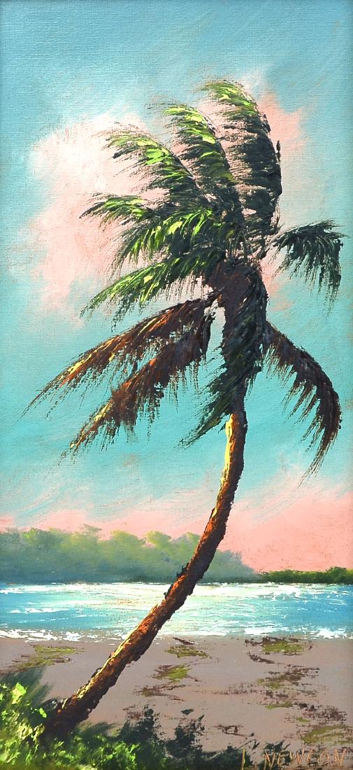 LEMUEL NEWTON FL HIGHWAYMEN PAINTING LONE PALM: NEWTON, Lemuel, (American, 1950): Florida Highwaymen Beach Scene with Lone Palm, Oil/Upson Board, 24" x 12", signed lower right, original frame 26.50" x 14.75".