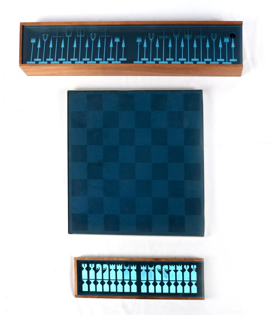 MID CENTURY AUSTIN COX CHESS SET BY ALCOA: MID CENTURY AUSTIN COX CHESS SET BY ALCOA: 1966 blue felt, Aluminum framed chess board by Alcoa for Austin Cox. Included are 2 complete chess piece sets fabricated of solid Aluminum. Each set resides 