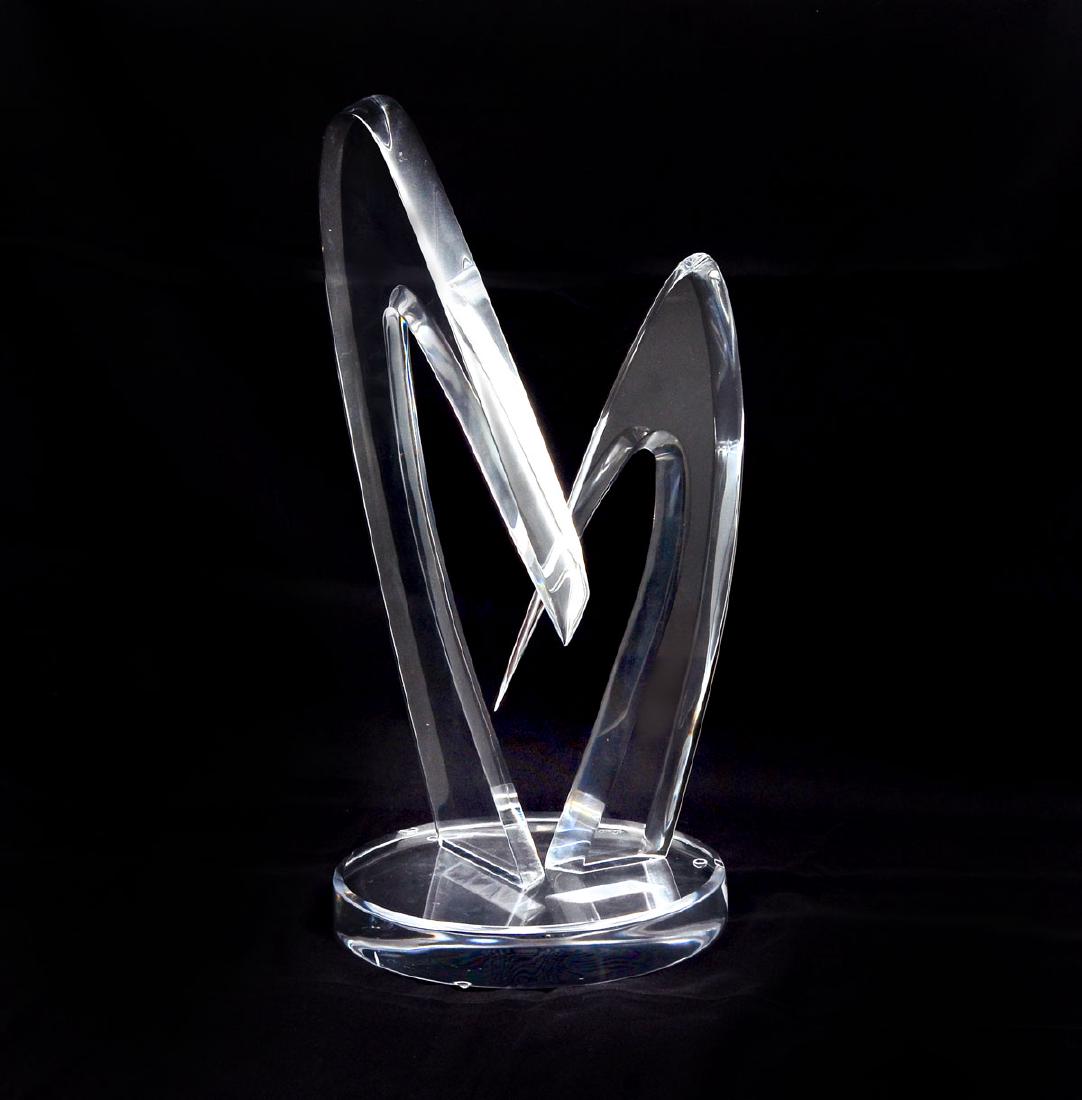 VAN TEAL SIGNED LUCITE SCULPTURE: VAN TEAL SIGNED LUCITE SCULPTURE: Round & beveled base having 2 curved & beveled lucite attachments. Signed on base. Approx. 21'' h x 13.5'' l x 11.25'' w.