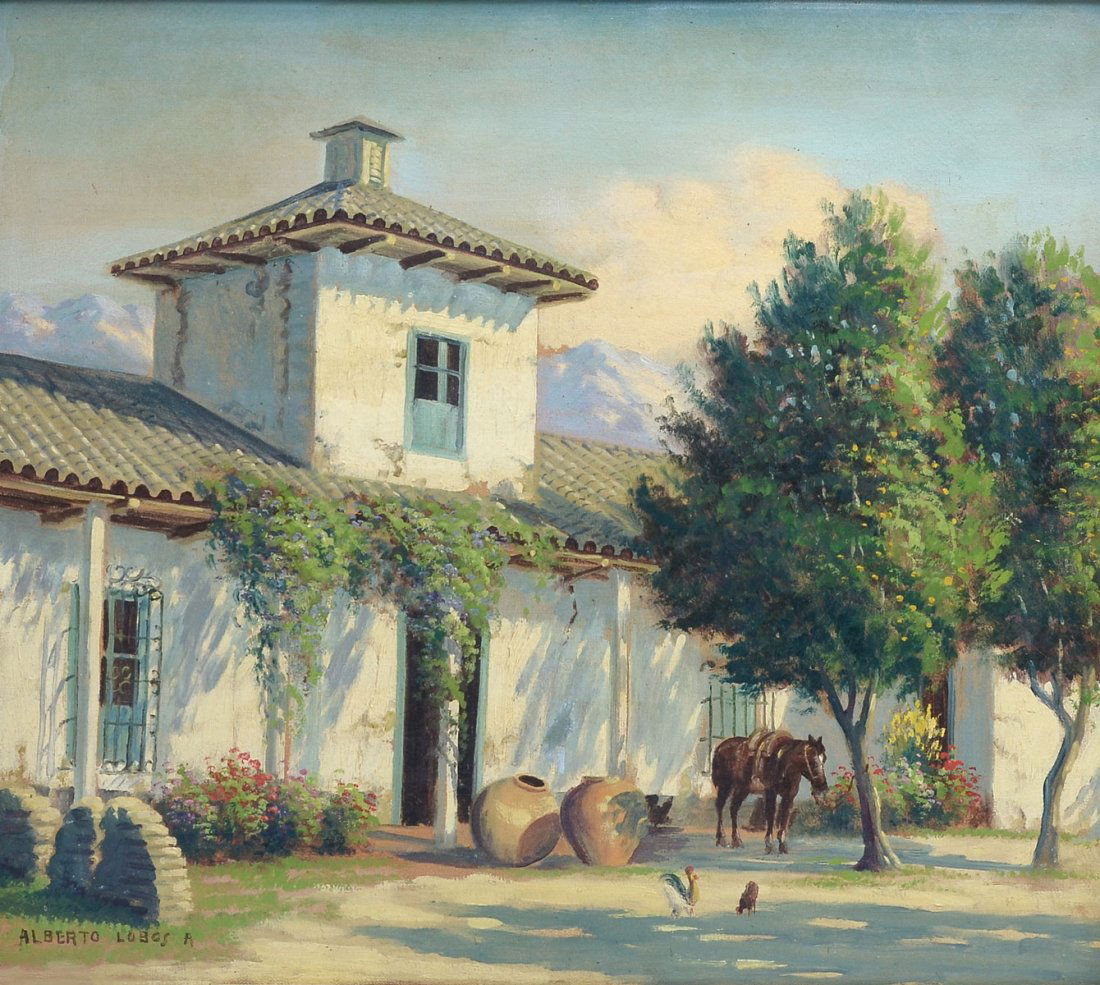 ALBERTO LOBOS CHILEAN VILLAGE STREET SCENE: LOBOS, Alberto, (Chilean, 1892-1925): Chilean Village Street Scene with Horse and Chickens, Oil/Canvas, 18" x 22", signed lower left, framed 24" x 27.25".