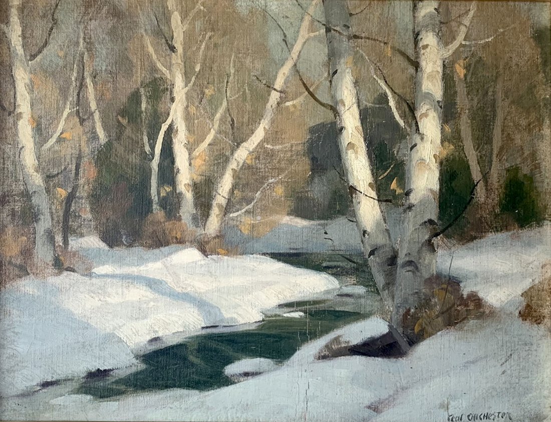 CECIL CHICHESTER WINTER STREAM PAINTING: CHICHESTER. Cecil, (American, 1891-1963) Winter Landscape with Birches and Stream, Oil/Board, 12" x 16", signed lower right, framed 16.25" x 20.25".
