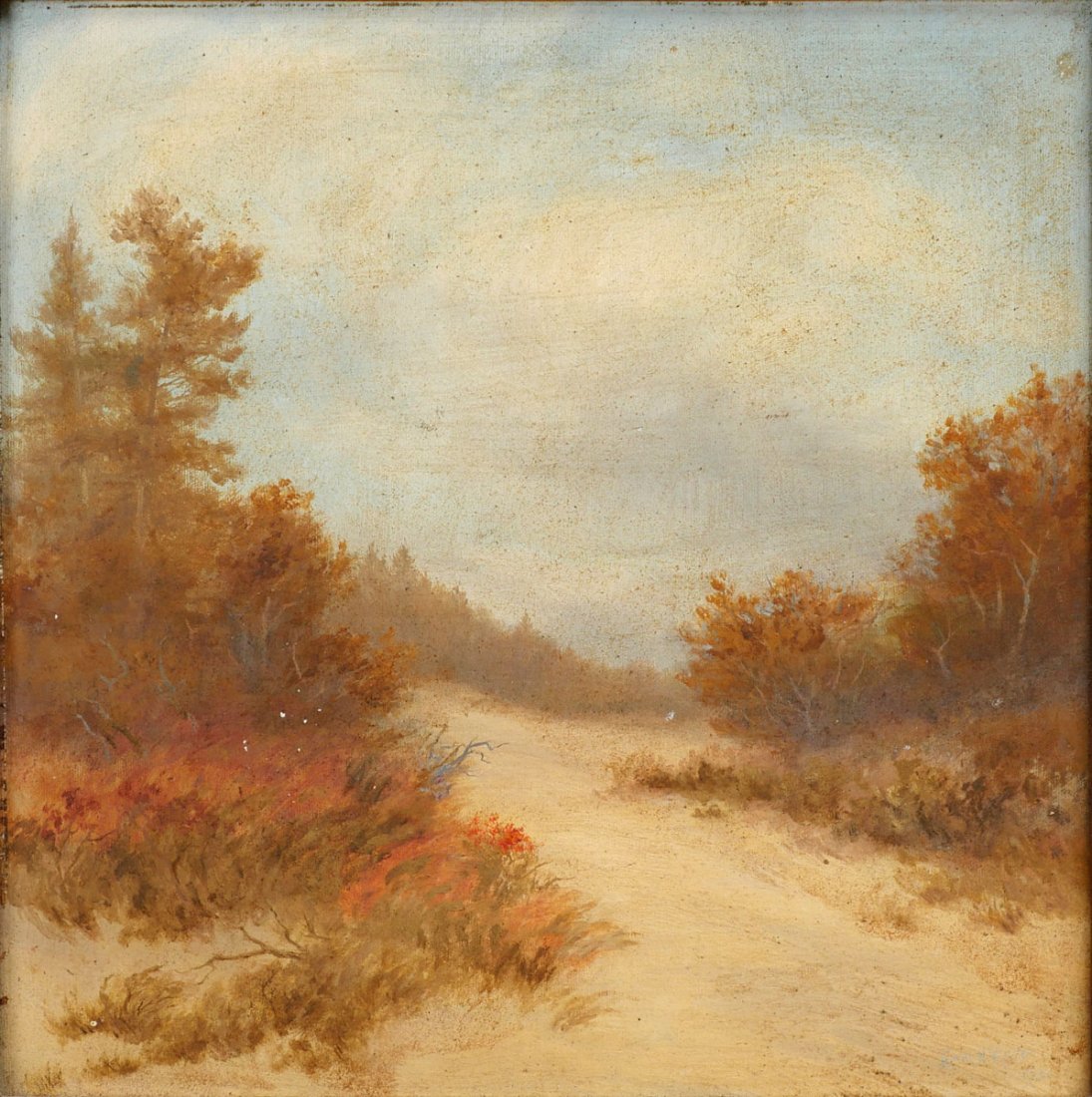 EARL REED PAINTING INDIANA DUNES: REED, Earl, (American, 1863-1931): Indiana Dunes, Oil/Canvas Mounted on Board, 16.75" x 16.50", period gilded gesso frame 22" x 22".