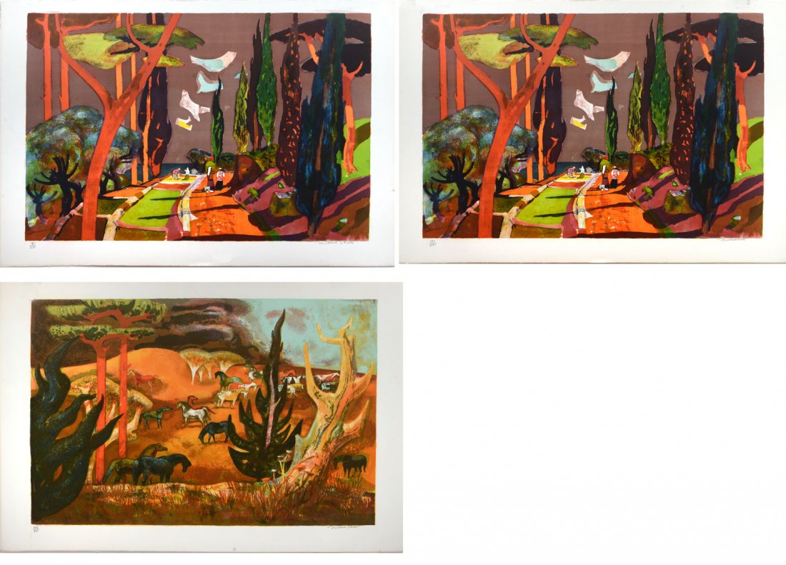 COLLECTION OF 3 MILLARD SHEETS LITHOGRAPHS: SHEETS, Millard, (American, 1907-1989): 1) 2 Duplicate Lithographs of Figures Strolling in a Fauvist Landscape, 23.75" x 35.375", pencil signed lower right, numbered 171 170/250 Circle Galleries blind