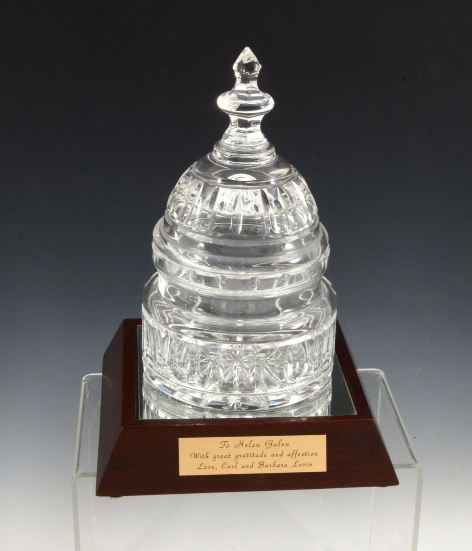 WATERFORD CRYSTAL CAPITOL DOME BISCUIT/CANDY DISH: WATERFORD CRYSTAL CAPITOL DOME BISCUIT/CANDY DISH: On a wood base with glass top and brass plaque that reads "To Helen Galen with great gratitude and affection. Love, Carl and Barbara Levin". This Wat