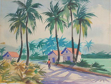 JOHN WARD TROPICAL WATERCOLOR PAINTING: WARD, John, (American, 20th C.): Tropical Scene, Watercolor, 22" x 28", signed, unframed. Tear in left margin, some light damage.