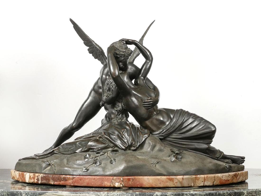 LARGE 19TH C. CUPID AND PSYCHE BRONZE SCULPTURE: LARGE 19TH CENTURY CUPID AND PSYCHE BRONZE SCULPTURE AFTER BERNINI: Approximately 20'' in height x 27'' in width x 14.50'' depth, rests atop a sculpted marble plinth not attached.
