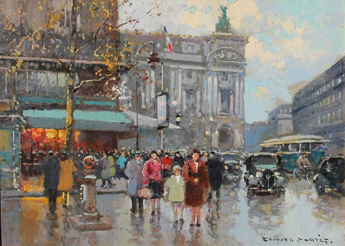 EDOUARD CORTES PAINTING CAFE DE LA PAIX: CORTES, Edouard, (French, 1882-1969): "Cafe De La Paix", Oil/Canvas, 13" x 18", signed lower right, encased in period gilded gesso frame 19.50" x 24.25", titled "The Opera" on the stretcher verso, mar