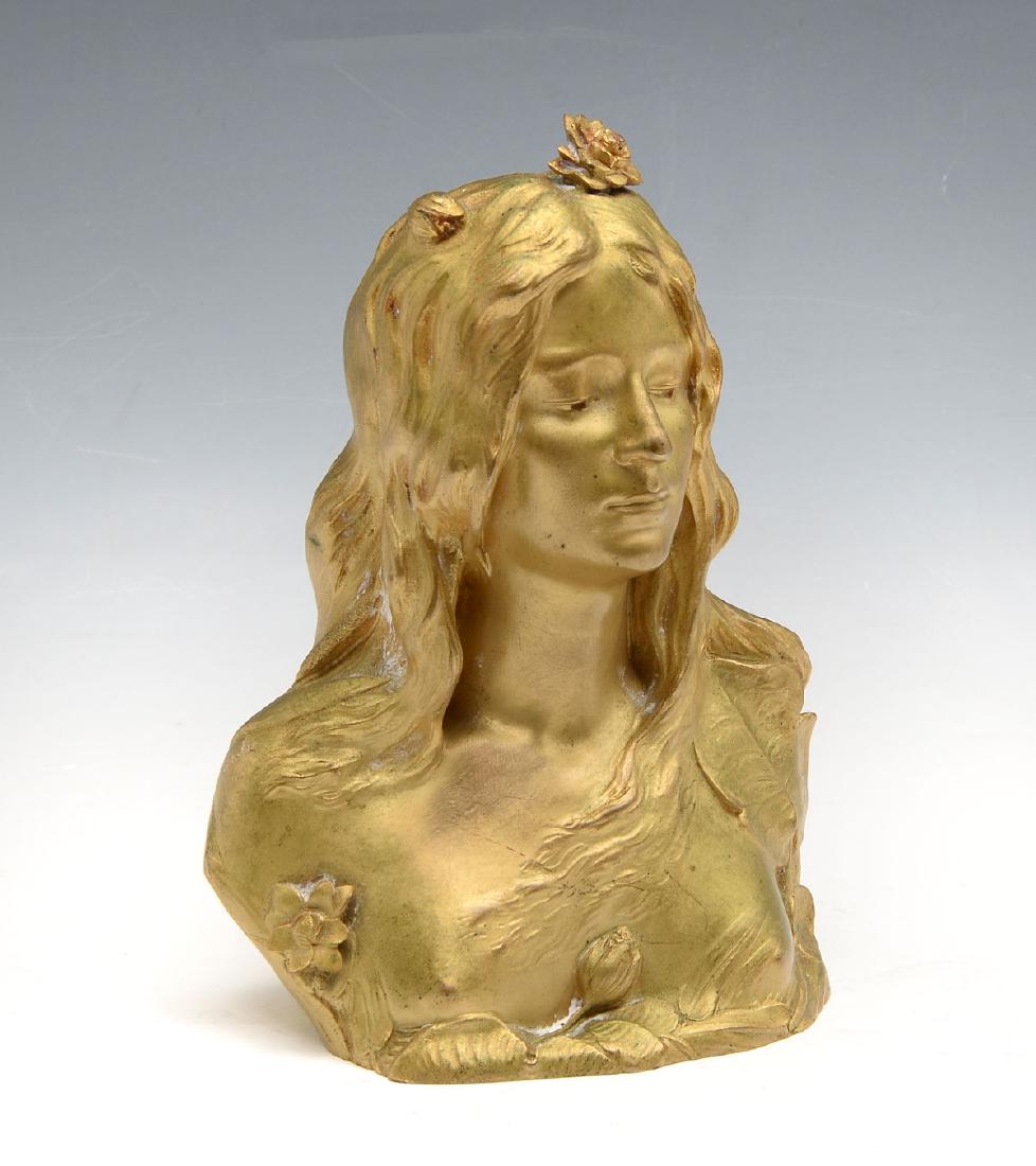 LEOPOLD SAVINE DORE BRONZE NOUVEAU MAIDEN: SAVINE, Leopold, (French, 1861-1934): Bust of a Young Nouveau Maiden, Dore Bronze, 6.50" in height, stamped underside Louchet, signed on her left shoulder.