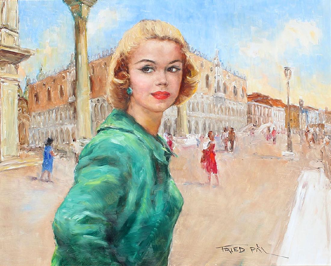 PAL FRIED VENICE PAINTING ''MARGOT'': FRIED, Pal, (Hungarian-American, 1893-1976): Young Blond Beauty in Venice ''Margot'': Oil/Canvas, 24'' x 30'', singed lower right, titled on the canvas verso, framed 32'' x 38''.