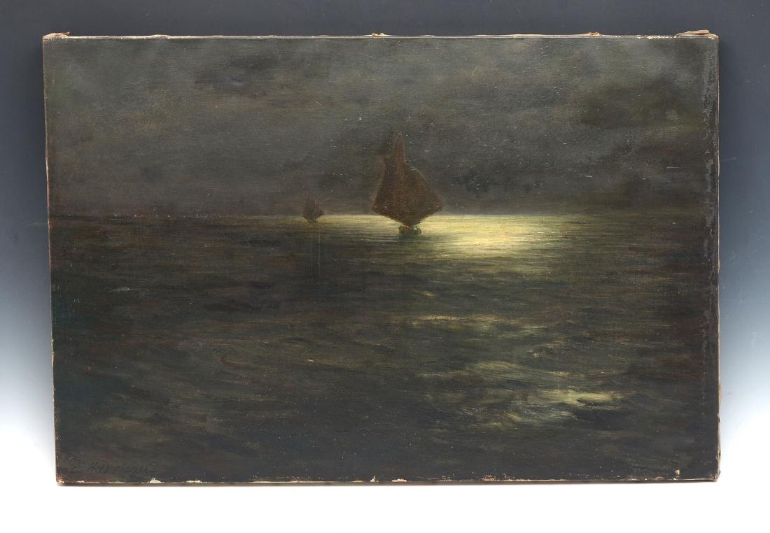 T ALEXANDER HARRISON NOCTURNAL MARITIME SCENE: HARRISON, Thomas Alexander, (American, 1853-1930): Ships Sailing by Moonlight off the Coast in the Distance, Oil/Canvas, 21.50'' x 32'', signed lower left, verso there is an early label with the artis