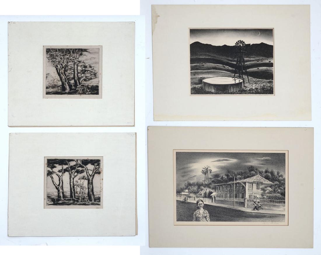 4 PIECE PRINT BOHROD, HURD AND TWO PRAIRIE SCHOOL: 4 PIECE PRINT BOHROD, HURD AND TWO PRAIRIE SCHOOL: 1) Prairie Landscape with Windmill, Lithograph, 11" x 14.50" with margins, pencil signed lower right, matted 15" x 19". 2) Aaron Bohrod Tropical Stre