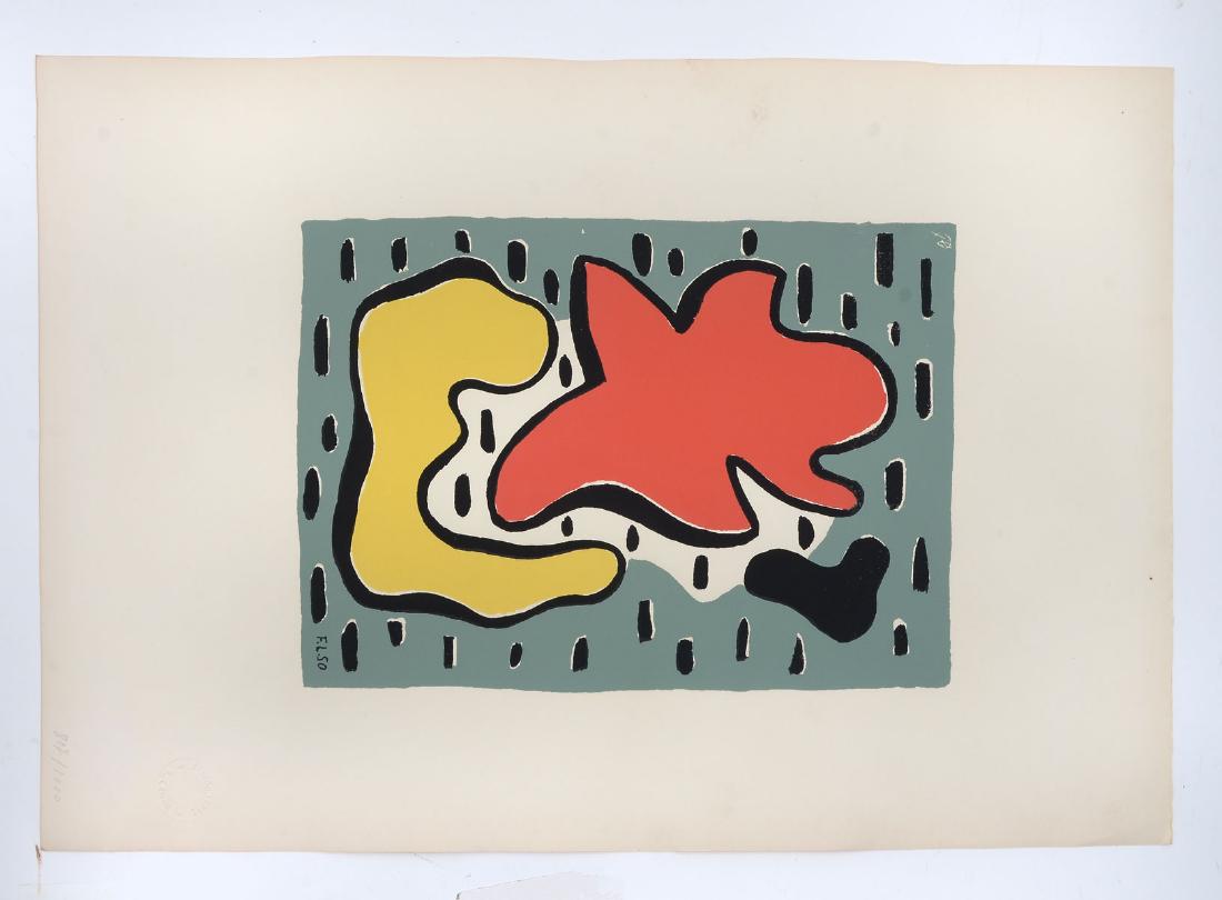 FERNAND LEGER ABSTRACT COMPOSITION SERIGRAPH: LEGER, Fernand, (Norman, 1881-1955): Abstract Composition with Yellow and Red Sea Green Background, Serigraph, 22'' x 15'' with margins, stamped Serigraphie F. Legere blind stamp lower right, pencil n