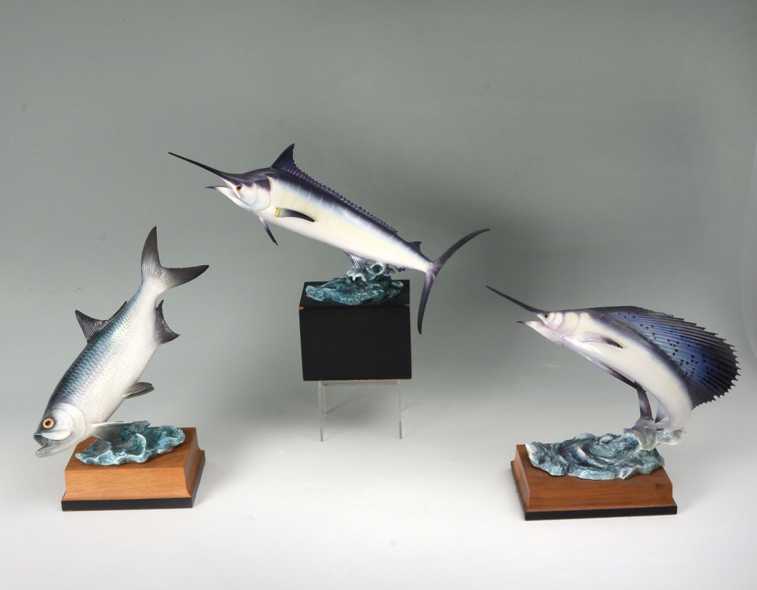 3 ROYAL WORCESTER FISH ON STANDS: 3 ROYAL WORCESTER FISH ON STANDS: 3 pc. Royal Worcester fish. Comprising; 1- Blue Marlin #298, 1- Sailfish #439, & 1- Tarpon # 230. All in fitted bases. Largest Approx. 11.75" h x 14.25" l x 6.5" w.