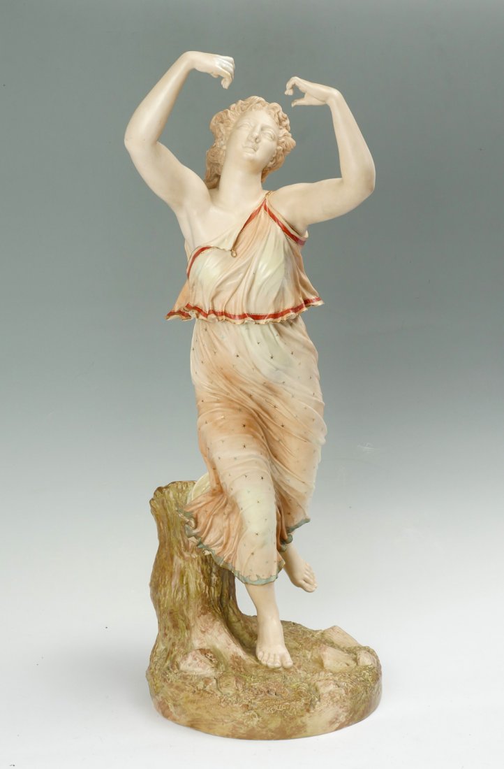 ROYAL WORCESTER FEMALE SCULPTURE WITH PEDESTAL: ROYAL WORCESTER FEMALE SCULPTURE WITH PEDESTAL: Large Worcester female musician sculpture. Purple Worcester mark & impressed marks at the underside. Black wood pedestal with an octagonal body and base