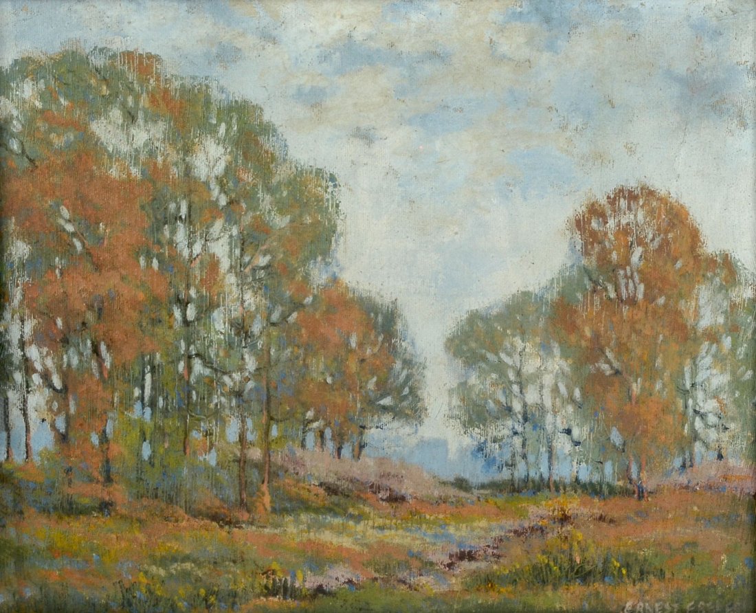 THE BEST ERNEST FREDRICKS ARTS & CRAFTS LANDSCAPE: FREDRICKS, Ernest, (American, 1877-1959): Autumnal Meadow Landscape, oil/Canvas, 16" x 20", signed lower left, original frame under glass 20.50" x 24.50".