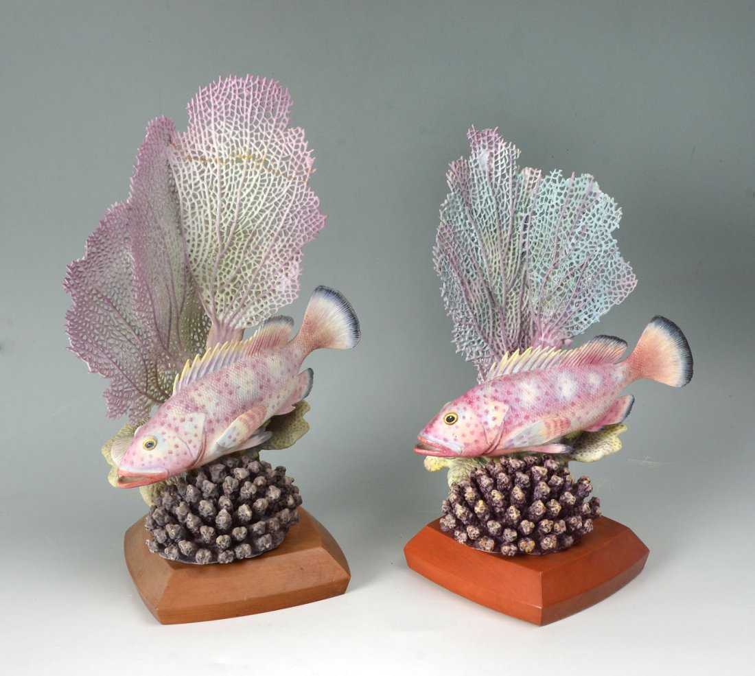 PAIR OF ROYAL WORCESTER "RED HIND" FIGURES: PAIR OF ROYAL WORCESTER "RED HIND" FIGURES: 2 Royal Worcester hand painted Red Hind fish mounted on fitted bases. Both are marked at underside. Limited to 500, we present to you #80 & #222, both with 