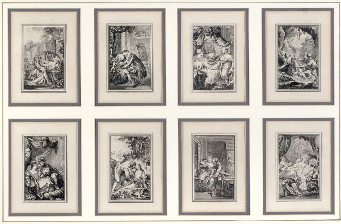 JOSEPH DE LONGUEIL FRAMED EROTIC ETCHINGS?: JOSEPH DE LONGUEIL FRAMED EROTIC ETCHINGS?: 8 framed erotic images each measuring 5.5" x 4" depicting naughty, risque scenes. Some signed and dated 1761. Custom framed and matted. Estate of Dr. Peter
