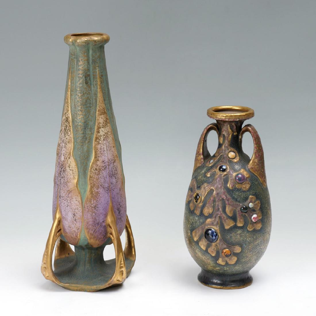 2 PIECE ART NOUVEAU AMPHORA VASES: 2 PIECE ART NOUVEAU AMPHORA VASES: Comprising 1- tall vase having a variegated green ground with gold & purple leaf design that connects to base by gold stems. Impressed Austria, Amphora, 394B. 1- gre