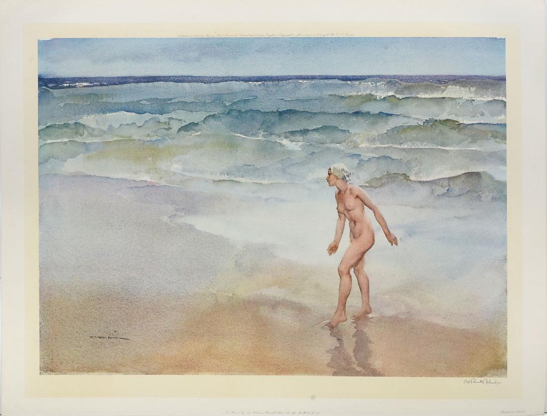 SIR WILLIAM RUSSELL FLINT COLLOTYPE THE WAVES: FLINT, Sir William Russell, (Scottish, 1880-1969): The Waves, Collotype, 22' x 28" with margins, pencil signed lower right, blind stamp lower right, unframed.