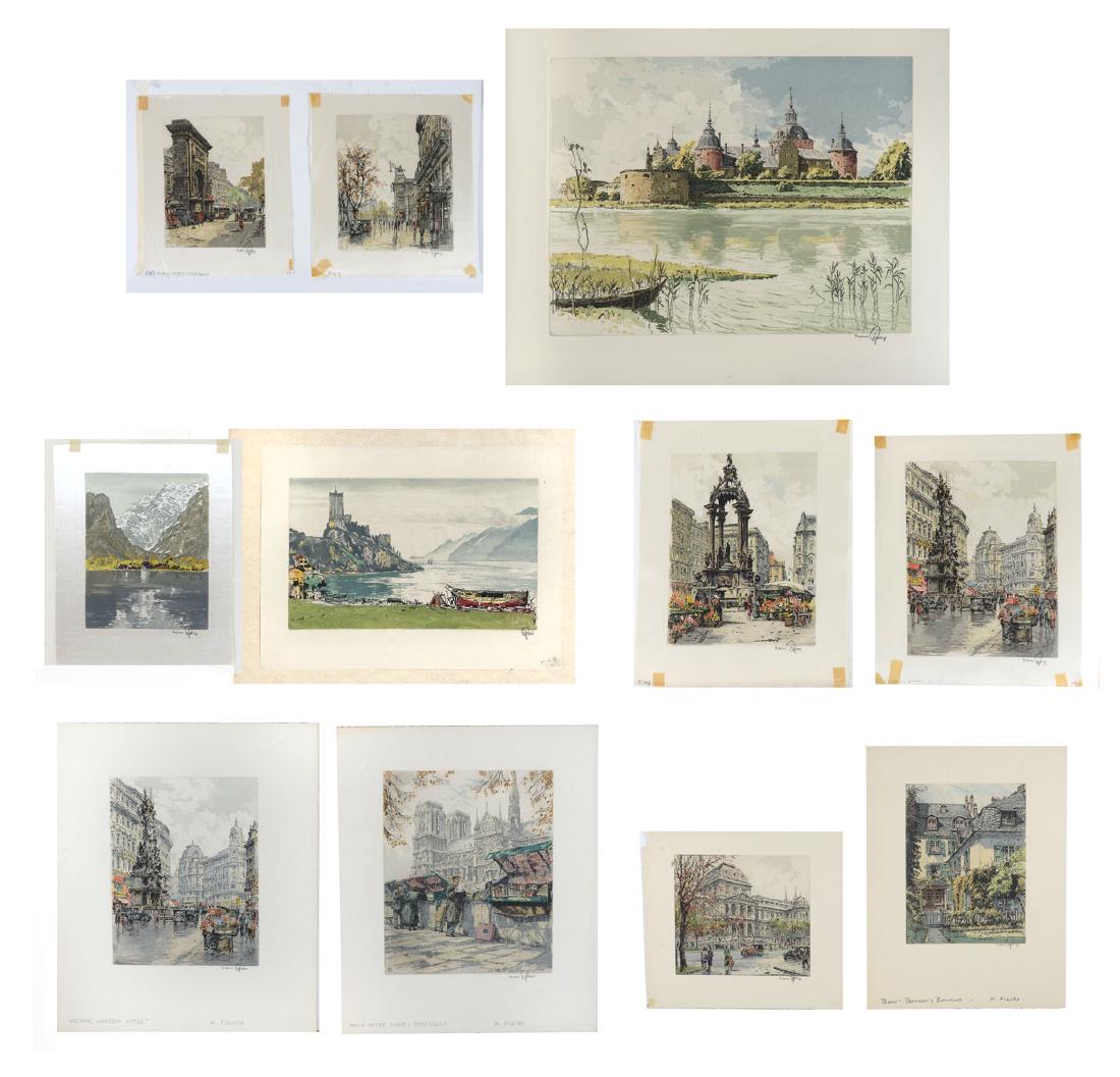 11 PIECE HANS FIGURA ETCHING LOT: FIGURA, Hans, (Austrian, 1898-1978): 1) Paris, Notre Dame and Book Stalls, 14.25'' x 11.75'' with margins, pencil signed lower right. 2) Vienna, Graben Street, 14.25'' x 11.75'' with margins, pencil s
