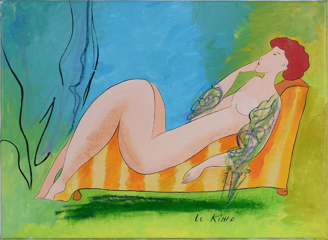 LINDA LE KINFF RECLIGNING RED HEAD NUDE PAINTING: LE KINFF, Linda, (French, 1949): Reclining Red Head Nude Oil/Canvas, 20" x 27", signed lower right, numbered 173945 verso, unframed.
