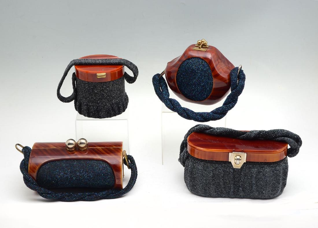 4 VINTAGE BEADED PURSES WITH BAKELITE LIDS: 4 VINTAGE BEADED PURSES WITH BAKELITE LIDS: 1) Drum shaped box purse with grey beading and Bakelite lid. Strap is also beaded; 2) Fabulous vintage Fre-Mor Creation Bakelite blue micro beaded bag with 