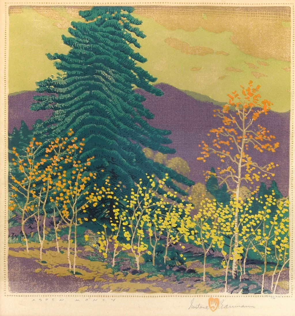 GUSTAVE BAUMANN WOODBLOCK "ASPEN MONEY": BAUMANN, Gustave, (American, 1881-1971): "Aspen Money", Color Woodblock Print, 17" x 14.5" with margins, pencil signed lower right and numbered 42/125, titled lower left, framed, 21" x 19", original l