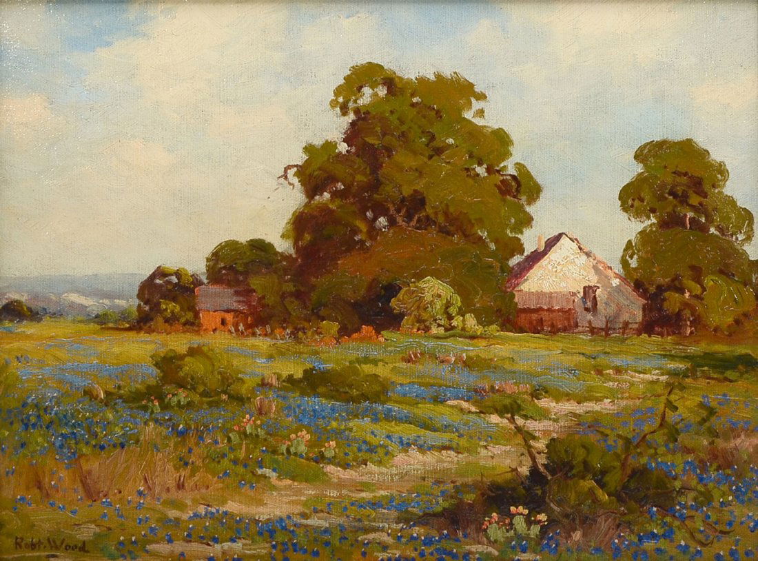 ROBERT WOOD BLUE BONNET LANDSCAPE PAINTING: WOOD, Robert, (American, 1889-1979): Bluebonnet Prairie Landscape with Farmhouse, Oil/Canvas, 12" x 16", sighed lower left, framed 17.50" 21.50".