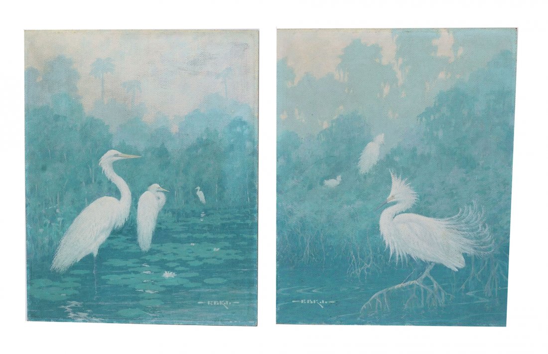 2 EDWIN KELLEY JR EGRET PAINTING: KELLEY JR., Edwin, (American, 20th C.): 2 Oils on Masonite, 1) "Snowy Egrets", 20" x 16", monogrammed lower left, label verso, titled and dated 1951; 2) "American Egrets", 20" x 16", monogrammed lower