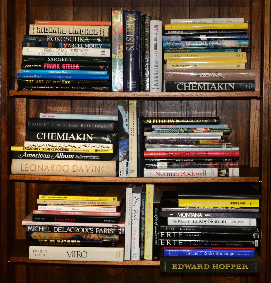 TREMENDOUS ART BOOK LIBRARY: TREMENDOUS ART BOOK LIBRARY: Approx, 65 books to include books featuring the art of "The Art of Fris Freleng", Michael Delacrois, Miro, Pop Art, Modern Art, Erte, Rockwell, Neiman, Dictionary of Artis