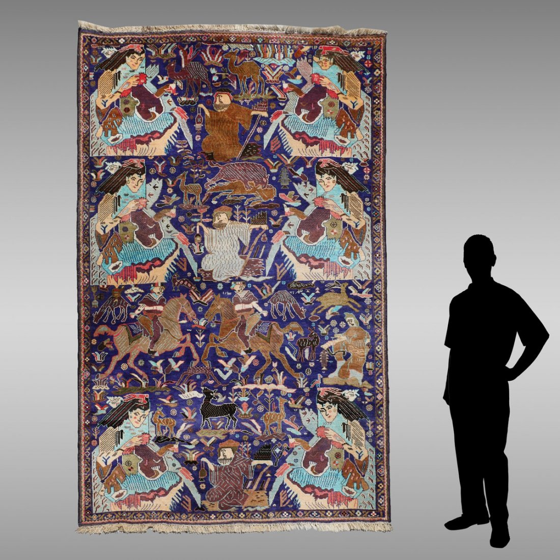 PAKISTANI PICTORIAL HAND KNOTTED WOOL RUG, 6'2" x 9'6": PAKISTANI PICTORIAL HAND KNOTTED WOOL RUG, 6'2" x 9'6": This interesting rug has motifs that are based on a traditional story with its women playing lyres or harps, men on horseback, old men with a la