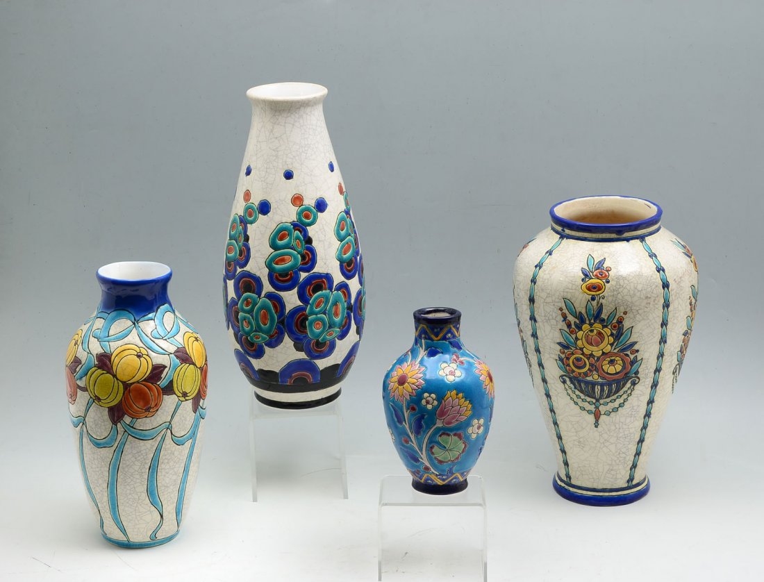 4 PC. BOCH FRERES INCISED VASES: 4 PC. BOCH FRERES INCISED VASES: Comprising; 1- vase having floral baskets with blue upper & lower rims, 1- having a bud & foliate design with draping blue ribbons, 1- having stylized turquoise & coba
