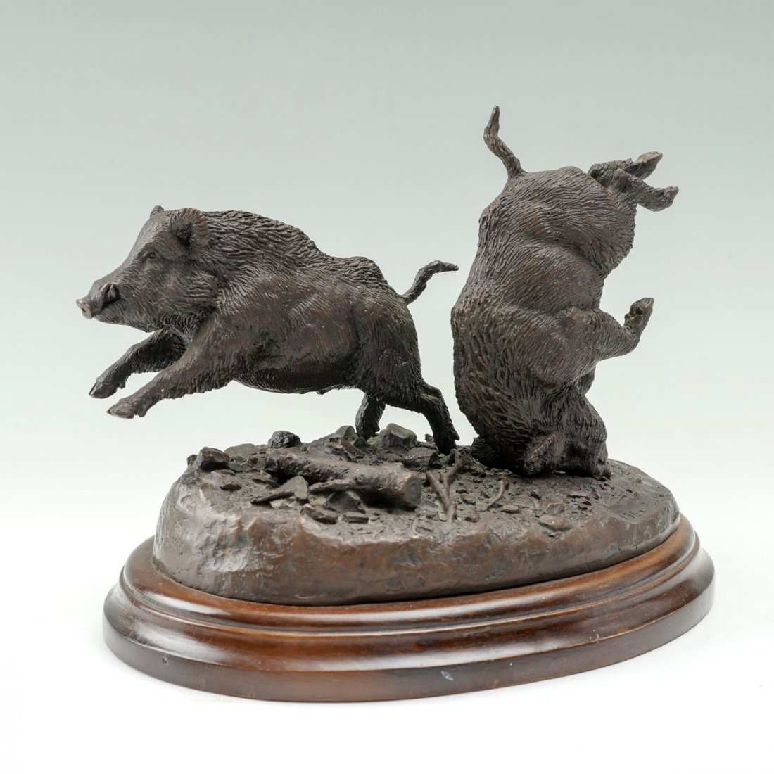 JOSCHU LALANDA BRONZE 2 RUNNING BOAR: LALANDA, Josechu, (Spanish, 1939-2015): Bronze Sculpture, Grouping of Boars. Jose Antonio Lalanda , also known as Josechu Lalanda was a prominent published illustrator, draftsman and sculptor speciali