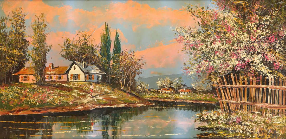 LARGE MORRIS KATZ RIVER LANDSCAPE PAINTING: KATZ, Morris, (Polish, 1931-2010): Country River Landscape with Homes, Oil/Masonite, 24" x 48", signed lower right, painted frame is 31.50" x 55", J.A. Olson letter attached verso.