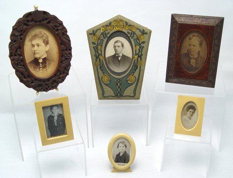 TUNBRIDGE WARE CELLULOID NOUVEA 6 SMALL FRAMES: COLLECTION OF 6 PICTURE FRAMES: Featuring a Tunbridge ware frame, 5 x 3 1/2. The carved oval Chines frame is 5 1/2" x 4 1/4". A hand painted Art Nouvea canvas frame, 6 1/4 x 4 1/2. Three miniature 2 x