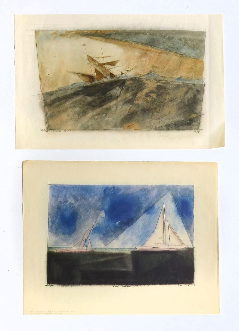 2 LYONEL FEININGER LITHOGRAPH: FEININGER, Lyonel, (American, 1871-1956) Two Offset Lithographs, 1) Zwei Yachten, Lithograph, 14.50'' x 18.50'', signed in the plate and dated 1931, printed by F and O Brachman's. 2) Sturmische Einfar
