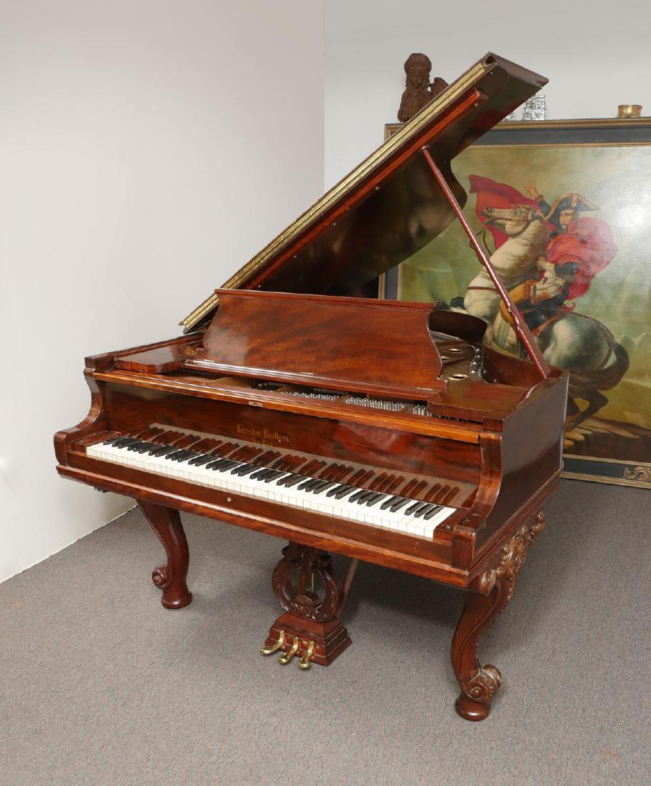 1909 HAZELTON BROTHERS NYC PARLOR GRAND PIANO: A FINE 1909 HAZELTON BROTHERS NYC PARLOR GRAND PIANO: This beautiful piano boasts large detailed hand carved mahogany legs and harp, Italian felts, and German hammers. It has been 24k gold leafed and 