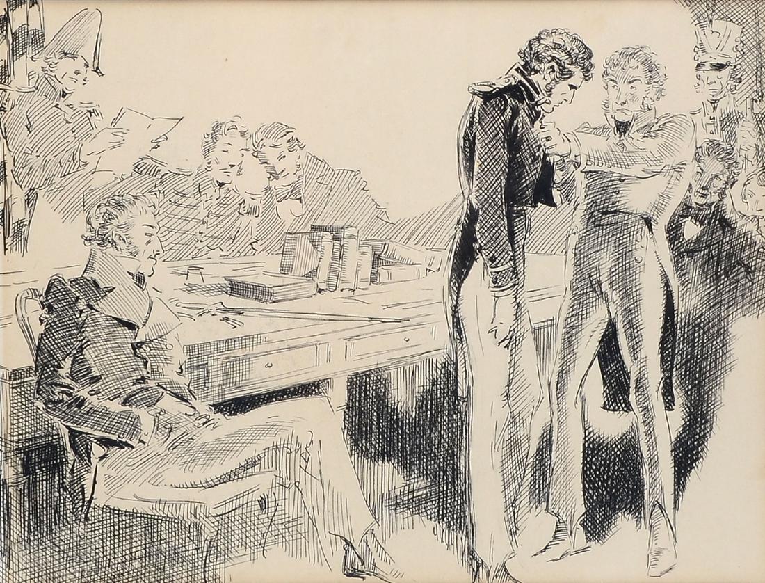 EVERETT SHINN COURTROOM ILLUSTRATION: SHINN, Everett, (American, 1876-1953): Military Court Room Illustration, Pen and Ink, sigh size is 7" x 9", framed 14.50" x 16".