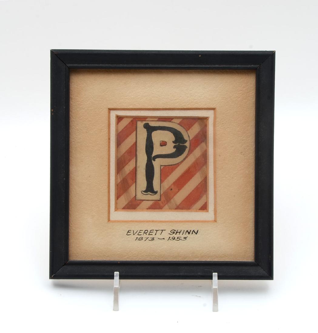 EVERETT SHINN WATERCOLOR PAINTING OF THE LETTER P: SHINN, Everett, (American, 1876-1953): Letter P, Watercolor, 2.50" x 2.50". This Illustration by Everett Shinn was done for Edward Everett Hale's A Man Without A Country for chapter heading page six R