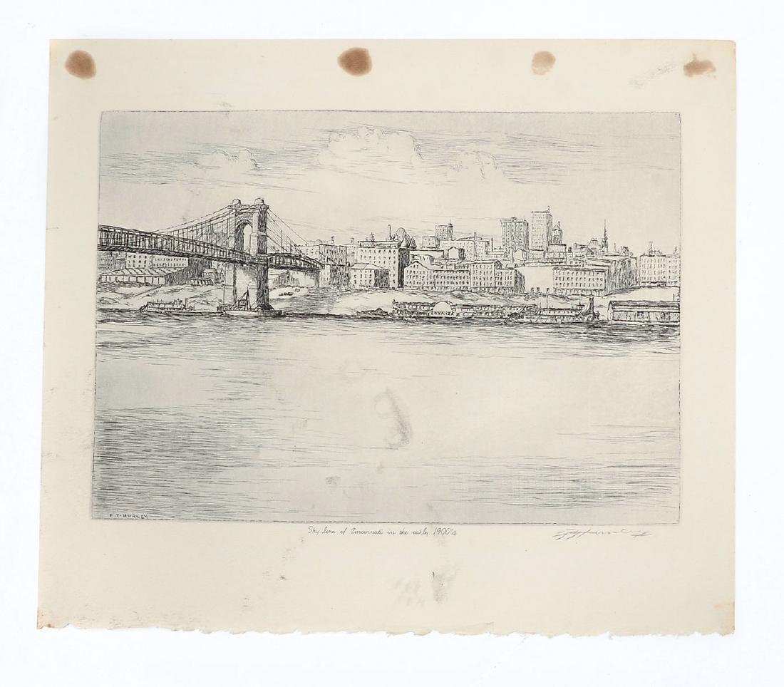E.T. HURLEY ETCHING OF CINCINNATI: HURLEY, E.T. (American, 1869-1950): "Skyline of Cincinnati in the early 1900s", Etching, 9.75" x 11.75" with margins, pencil signed lower right, signed in the plate lower left, unframed.