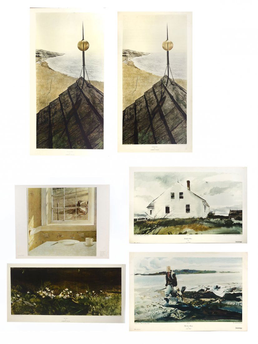 6-PIECE ANDREW WYETH PRINT LOT: WYETH, Andrew, (American, 1917-2009): 6-piece print Lot to include: 1) Groundhog Day, Printed in Holland, an Abrams Color Print, 19.25" x 24 7/8" with margins, unframed. 2) May Day, Printed by the New