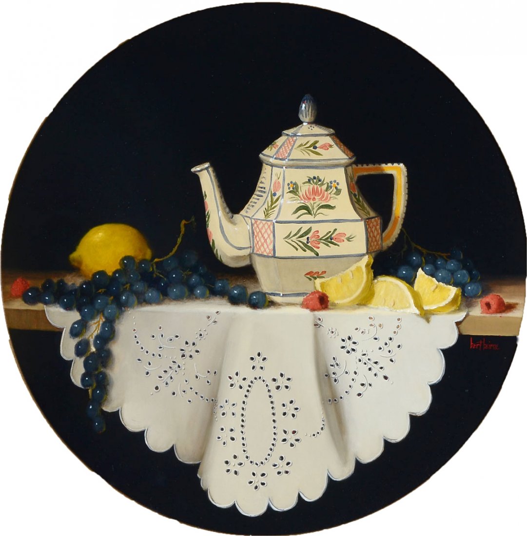 BERT BEIRNE STILL LIFE WITH FRUIT AND TEA POT: BEIRNE, Bert, (American, 20th/21st Century): Still Life with Grapes, Lemon, Raspberries, and Tea Pot, Oil/Board, diameter is 18", signed in the right margin, circular frame is 21.50" in diameter.