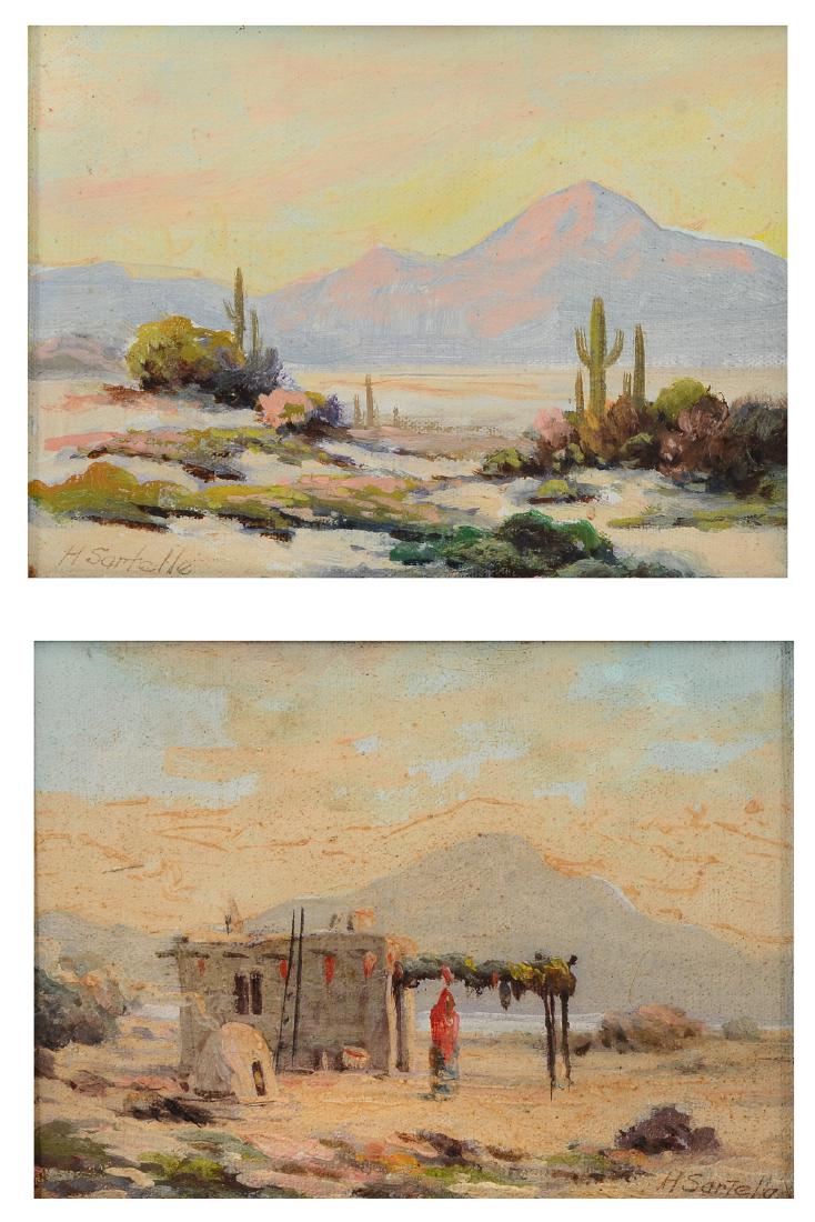 2 HERBERT SARTELLE DESERT LANDSCAPE PAINTINGS: SARTELLE, Herbert, (American, 1885-1955): 2 Desert Landscapes: 1) Depicts Cactus with Mountains in the Background, Oil/Canvas Board, 6" x 8", signed lower left, framed 9.50" x11.50". 2) Adobe Dwelling