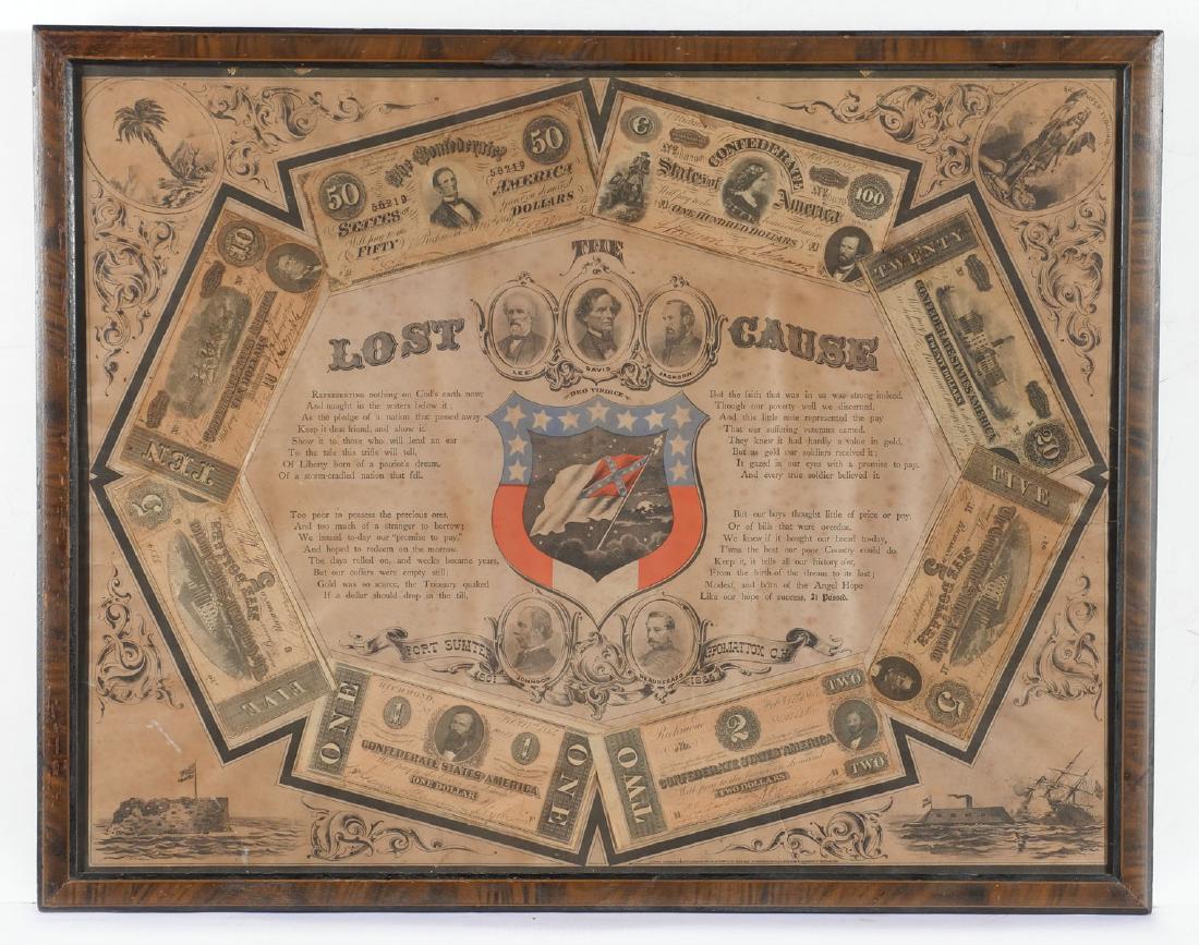 ''THE LOST CAUSE'' 1972 CONFEDERATE MONEY FRAMED: ''THE LOST CAUSE'' 1972 CONFEDERATE MONEY FRAMED: $193 in Confederate money with signatures mounted in a frame. Chromolithographed scrolling designs and scenes. Circa 1972. Approx. 22.75'' h x 28.75''