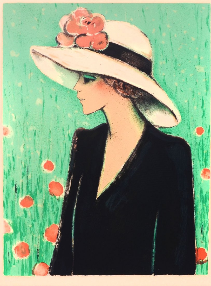CASINGWELL, JEAN PIERRE WOMAN IN FLOWERED HAT 160/160: CASSIGNEUL, Jean-Pierre, (French, 1935): Girl in White Hat, Lithograph, sight size is 24.50" x 18.50", pencil signed lower right numbered lower left 160/160, framed 33" x 27".
