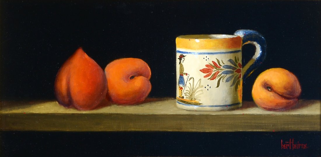 BERT BEIRNE STILL LIFE PAINTING QUIMPER & PEACHES: BEIRNE, Bert, (American, 20th/21st Century): Quimper and Peaches, Oil/Board, 6"x 12", signed lower right, framed 9.75" x 15.75".
