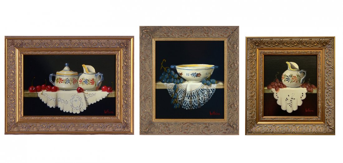 3 BERT BERIRNE STILL LIFE PAINTINGS: BEIRNE, Bert, (American, 20th/21st Century): 3 Still Life Paintings to Include: 1) Quimper Cream and Sugar with Cherries, Oil/Panel, 8" x 12", signed lower right, framed 12.25' x 16". 2) Quimper Bowl 