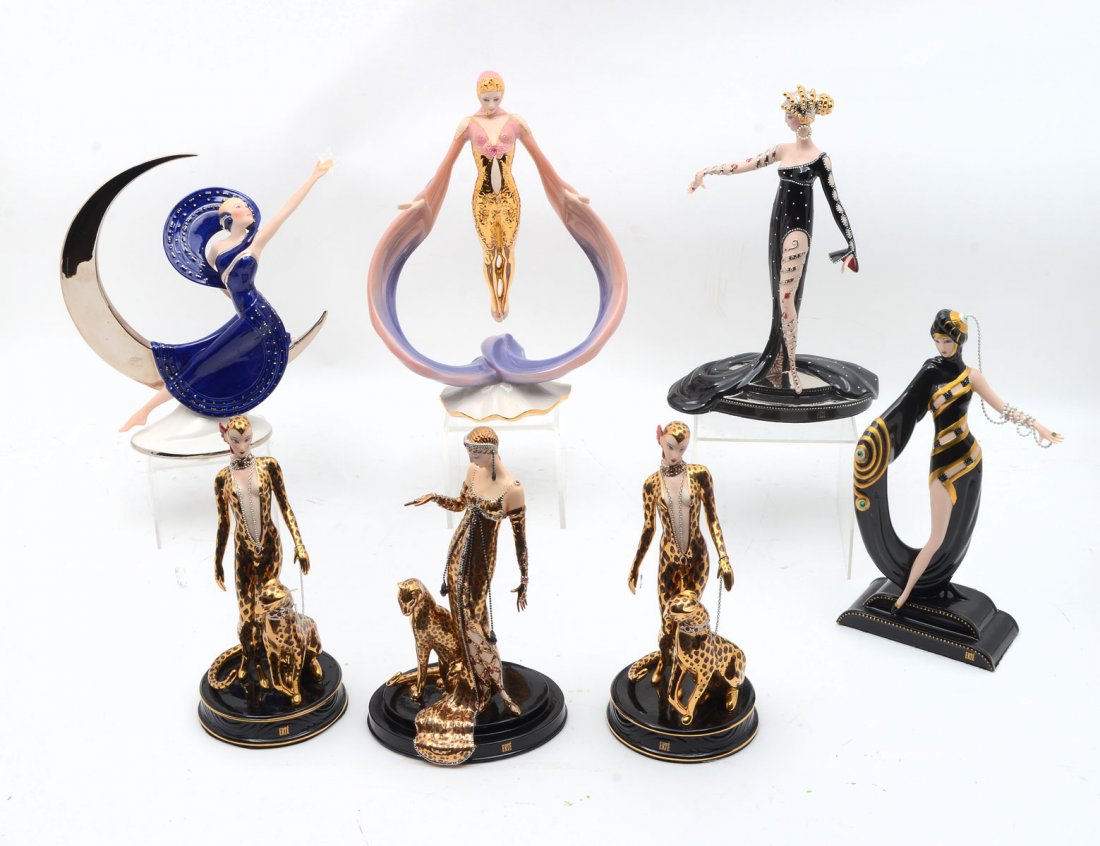 7 PIECE FRANKLIN MINT ERTE & ART DECO FIGURES: 7 PIECE FRANKLIN MINT ERTE & ART DECO FIGURES: Comprising; 2- Erte, Leopard figures, # A 7981 & B 8678, 1- Erte Ocelot, A 7038, 1- Erte, Pearls & Rubies, # M 5823, 1- Erte, Pearls & Emeralds, # M 9283